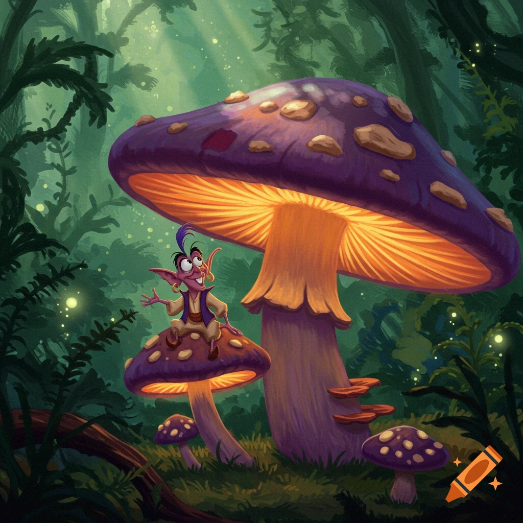 A small, purple-skinned, goblin-like creature with a blue mohawk sits on a glowing purple mushroom in a lush fantasy forest illustration.