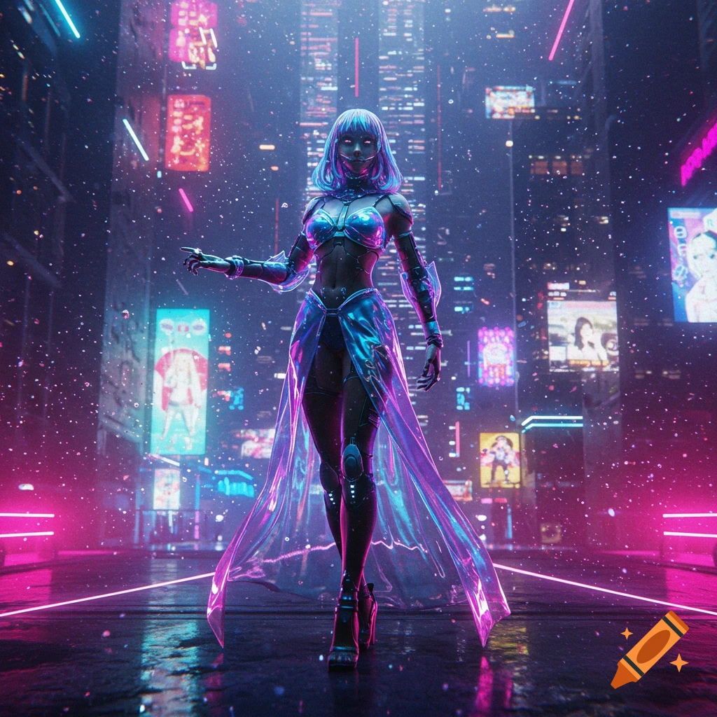 A futuristic cyborg woman in translucent attire stands on a neon-lit cyberpunk street with glowing particles.
