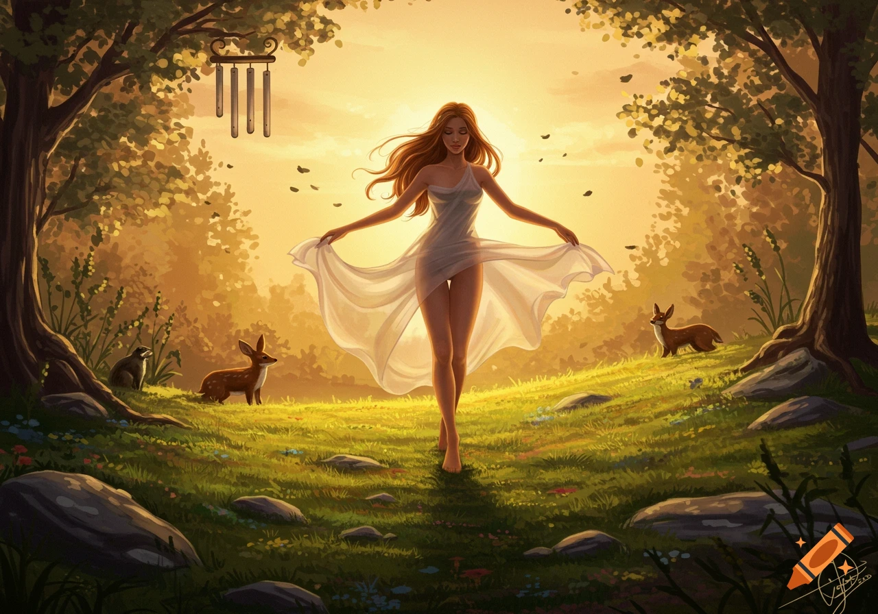 Ethereal illustration of a red-haired woman in a sheer white dress walking through a sunlit forest clearing with deer.