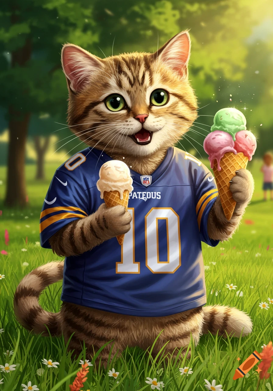 A happy cartoon cat in a blue football jersey holds two ice cream cones in a grassy park.