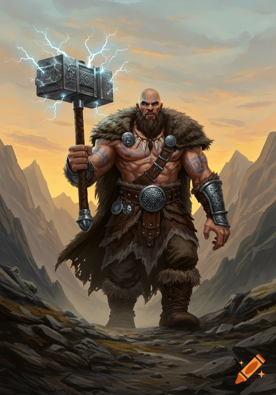 A muscular, bald goliath barbarian with tribal tattoos and fur armor stands in a mountain pass, holding a large, lightning-charged hammer.