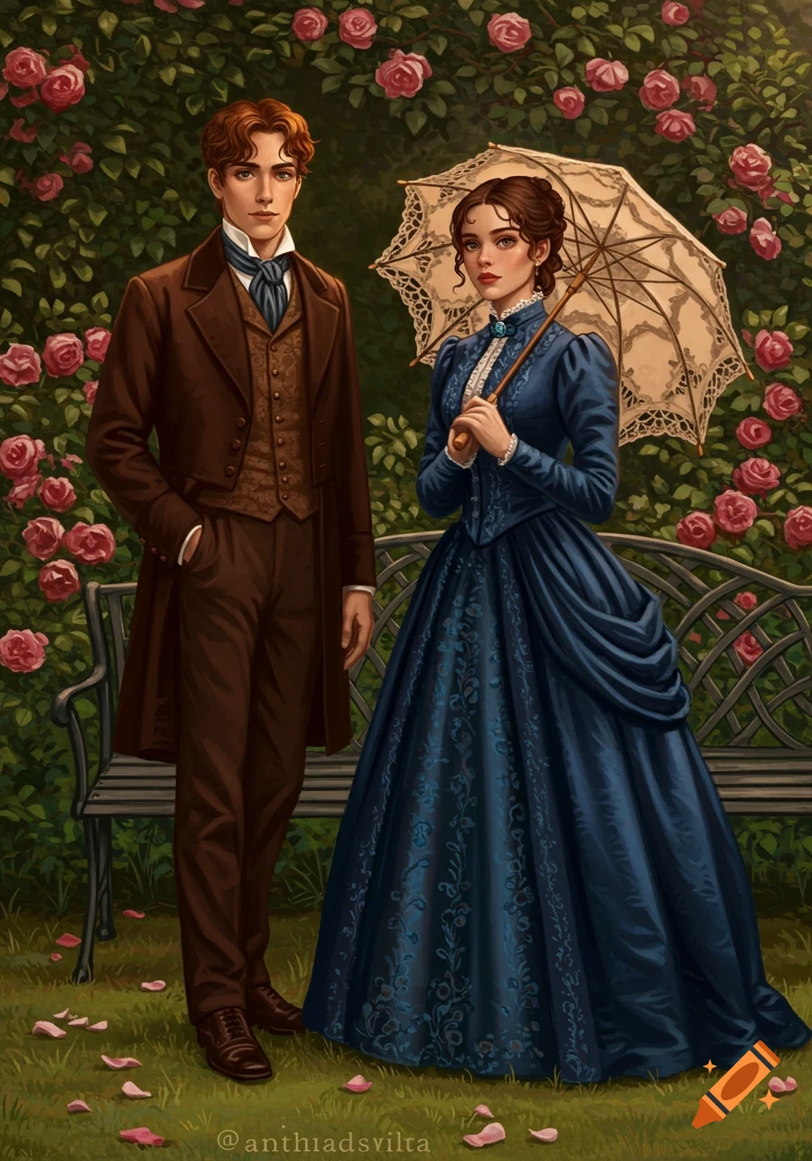 A Victorian couple, a man in a brown suit and a woman in a blue dress holding an umbrella, stand in a rose garden.
