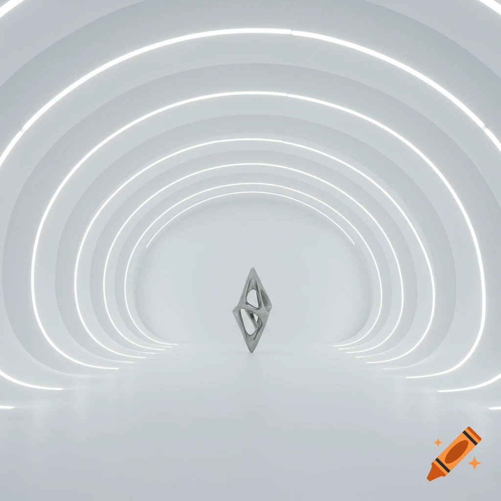 A metallic geometric sculpture stands in a bright, white, minimalist futuristic tunnel with glowing ring lights.
