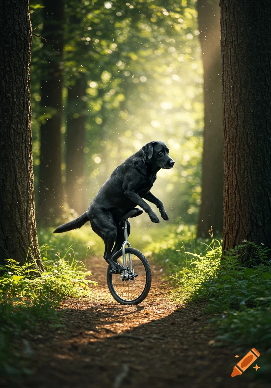 A realistic black Labrador dog balances on a unicycle on a sunlit forest path.