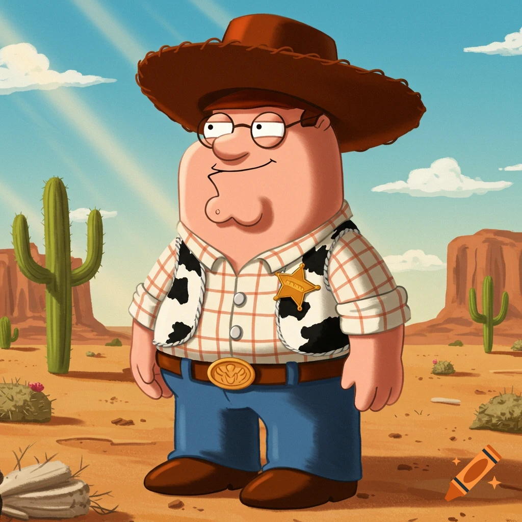 Cartoon Peter Griffin dressed as Woody the cowboy, standing in a desert with cacti and mesas.
