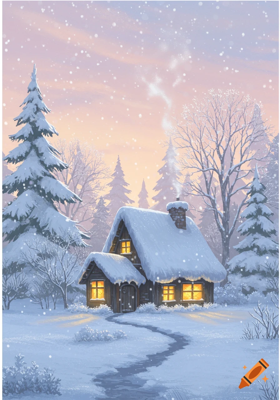 A cozy cottage with glowing windows in a snowy winter landscape, surrounded by snow-covered pine trees under a pastel sky.