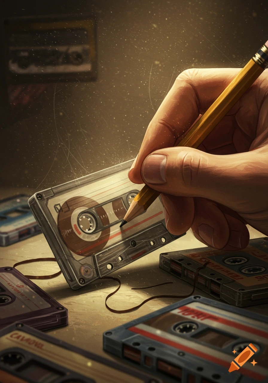 A close-up of a hand using a pencil to rewind a cassette tape, surrounded by other tapes on a dusty surface, vintage style.