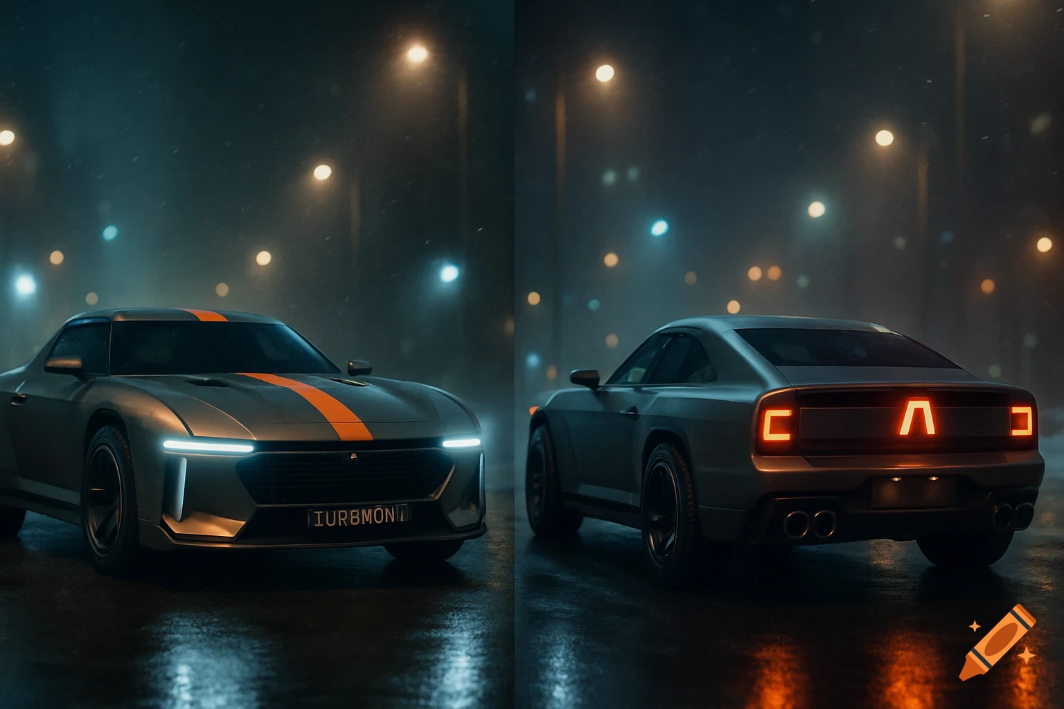 Two views of a matte grey hypercar with orange stripe and LED lights on a wet road at night under city lights and snow mist.