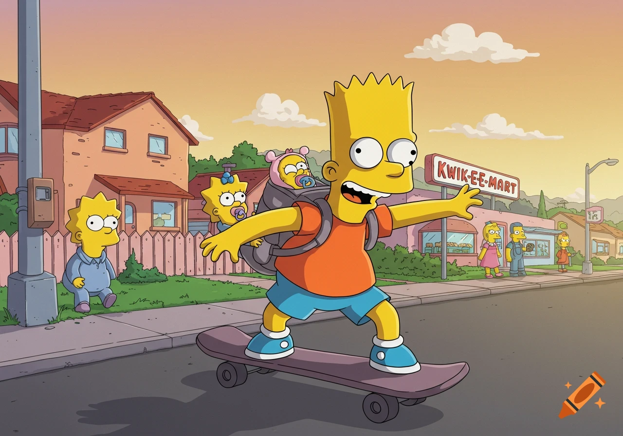 Bart Simpson skateboards with a baby in his backpack, another baby nearby, on a Springfield street with the Kwik-E-Mart at sunset.