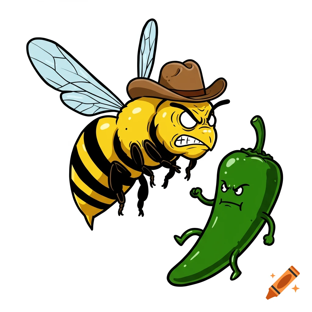Angry cartoon cowboy bee flying towards an equally angry green jalapeno pepper on a white background.