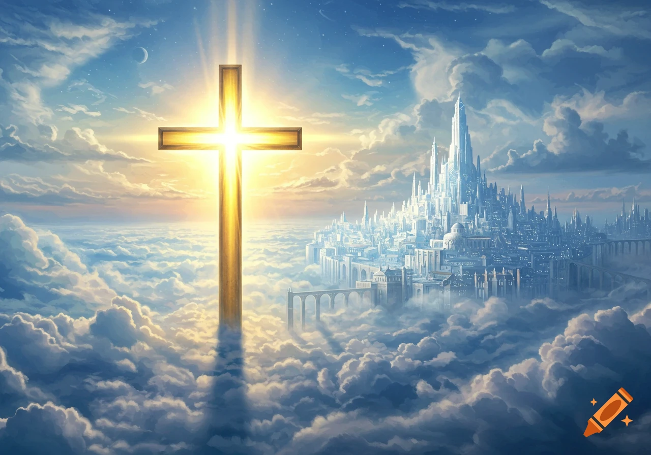 A majestic golden cross glows brightly amidst a sea of clouds, with a shimmering, futuristic white city floating in the background under a blue, starry sky.