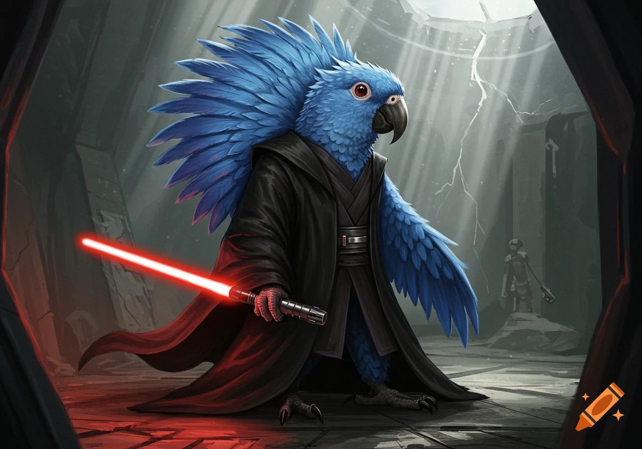 A blue parrot with large head feathers, dressed in a black Sith robe, holds a red lightsaber in a dark, ruined hall.