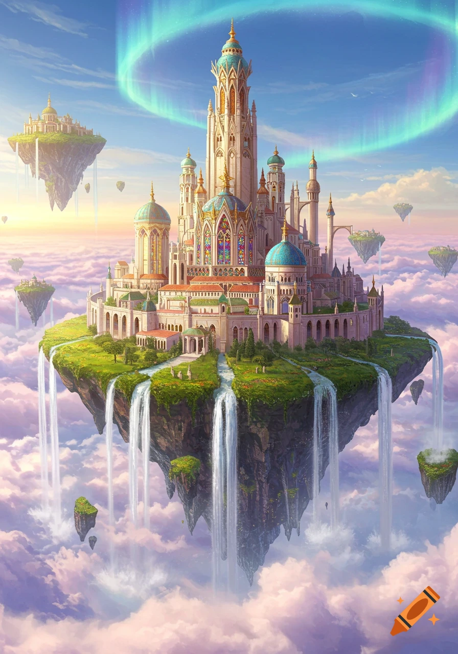 A majestic fantasy palace city on a lush green floating island, with waterfalls cascading into clouds, under a sky with a glowing aurora.