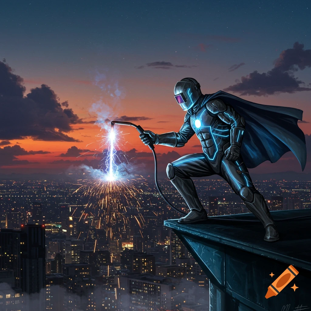 A superhero in a blue and black suit with a welding mask wields a torch, creating bright sparks over a city skyline at dusk.