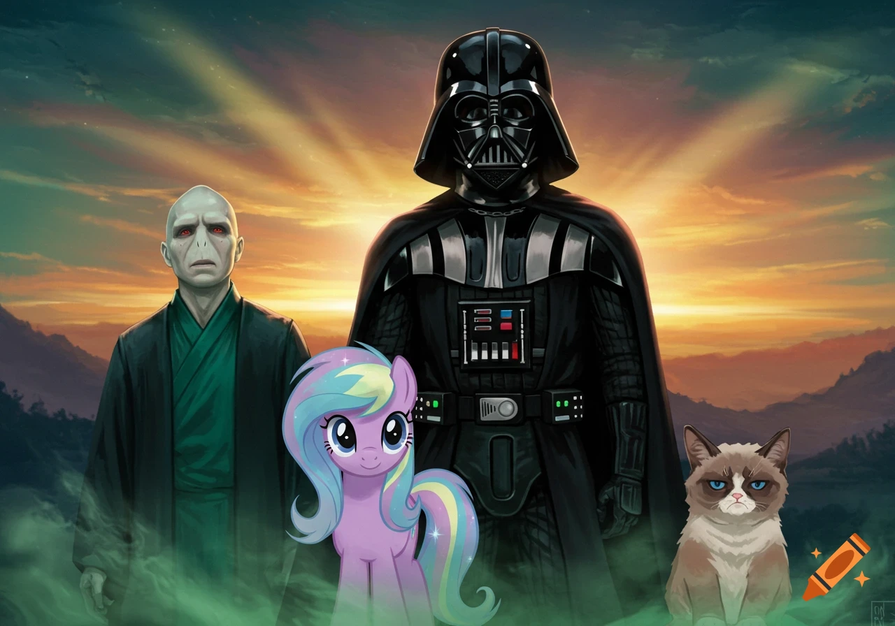 Voldemort, Darth Vader, a My Little Pony, and Grumpy Cat stand together in a group portrait at sunset.