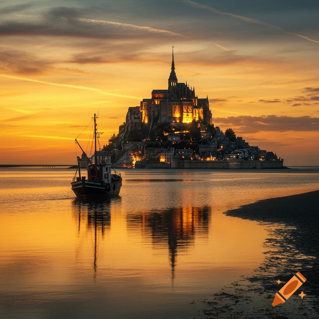Photorealistic view of Mont Saint-Michel castle at sunset, reflected in calm water, with a fishing boat in the foreground.