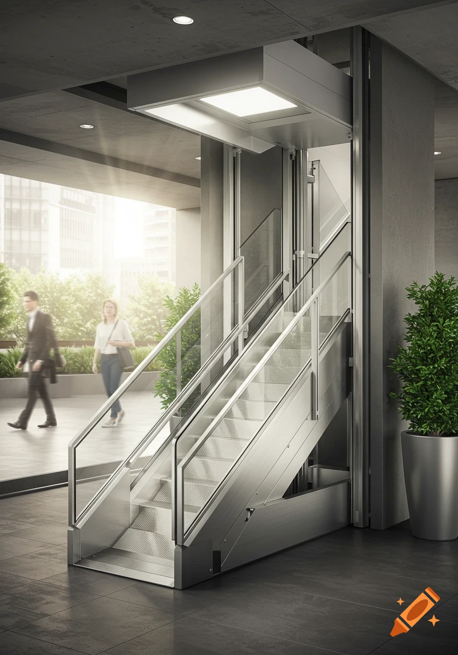 Modern platform lift and stairs with glass railings inside a contemporary building, blurred people walking outside.