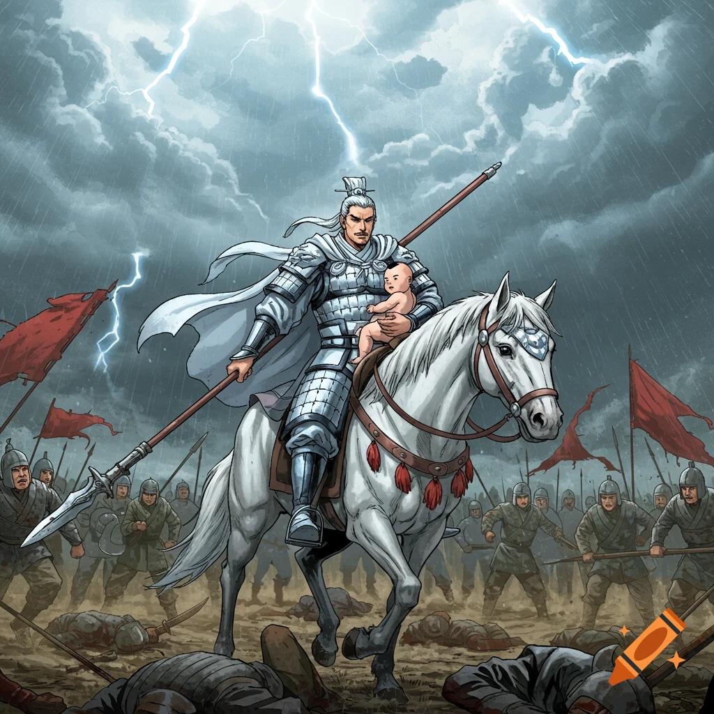 Heroic Chinese general in white armor on a white horse, holding a baby and spear, on a rainy battlefield with fallen soldiers in comic book style.