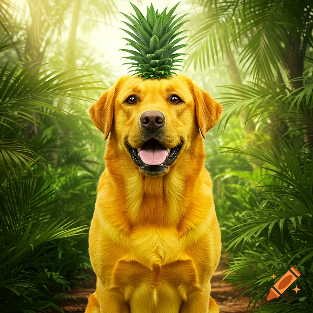 A photorealistic golden Labrador retriever with yellow-green fur, smiling with a pineapple crown on its head in a lush jungle.