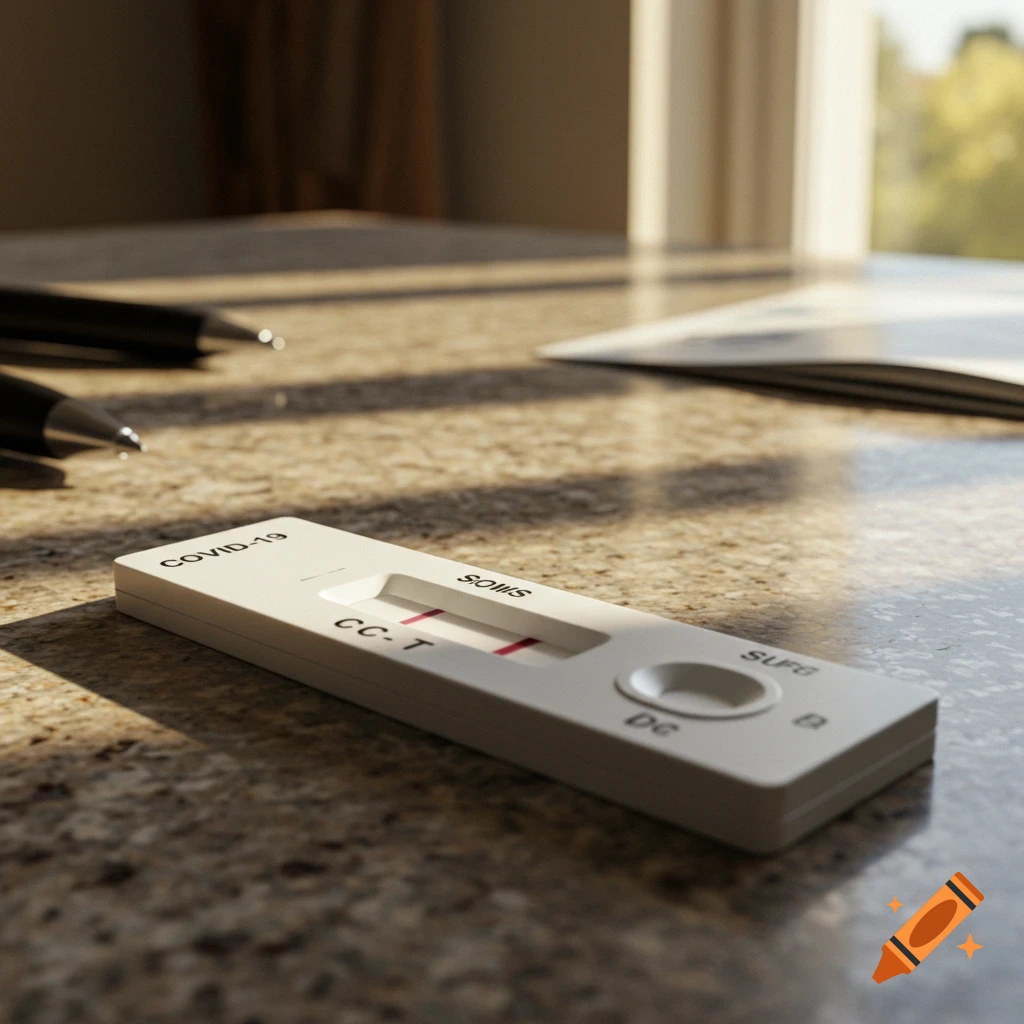 Photorealistic image of a positive COVID-19 at-home test kit with two lines on a speckled countertop.