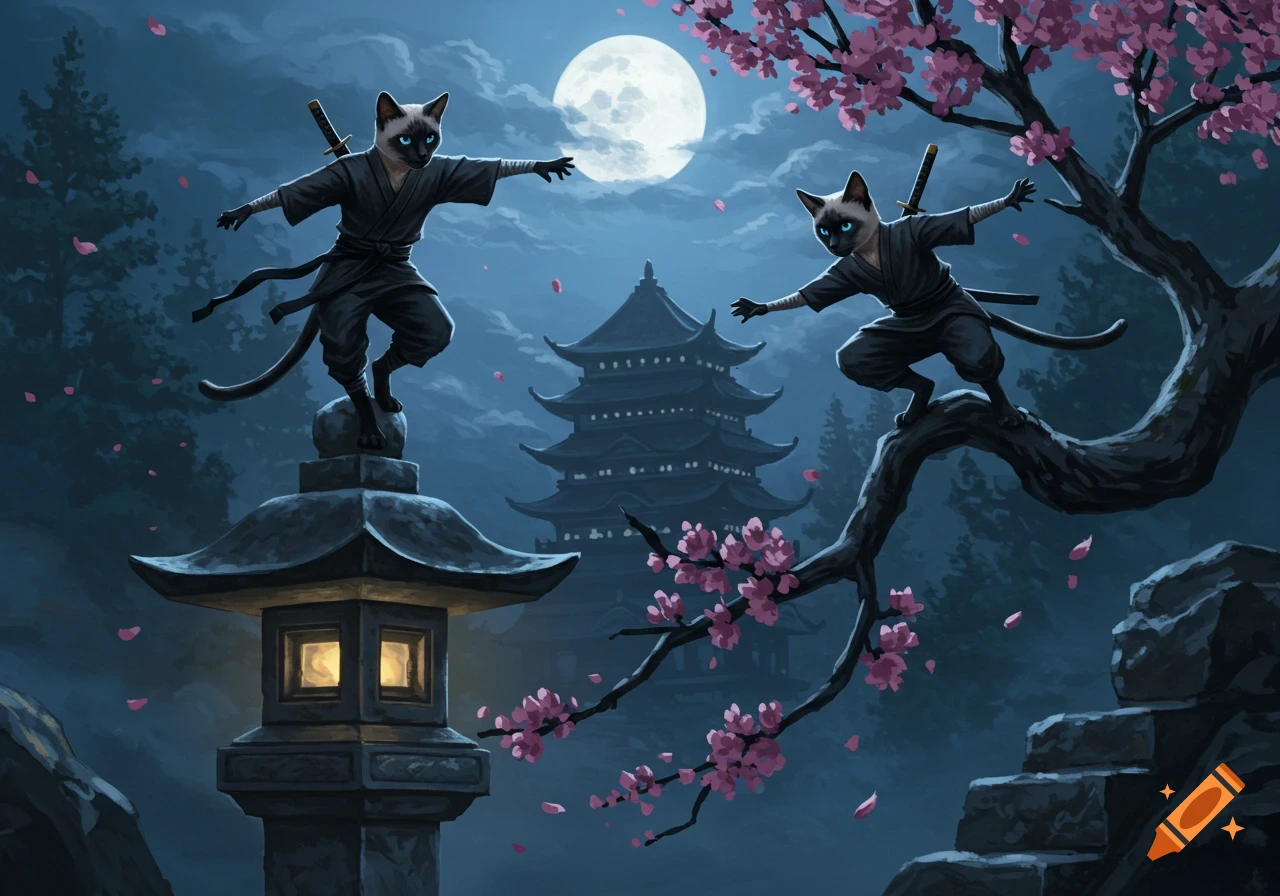 Two ninja Siamese cats in black kimonos balance on a stone lantern and cherry blossom tree branch at night, with a pagoda and full moon.