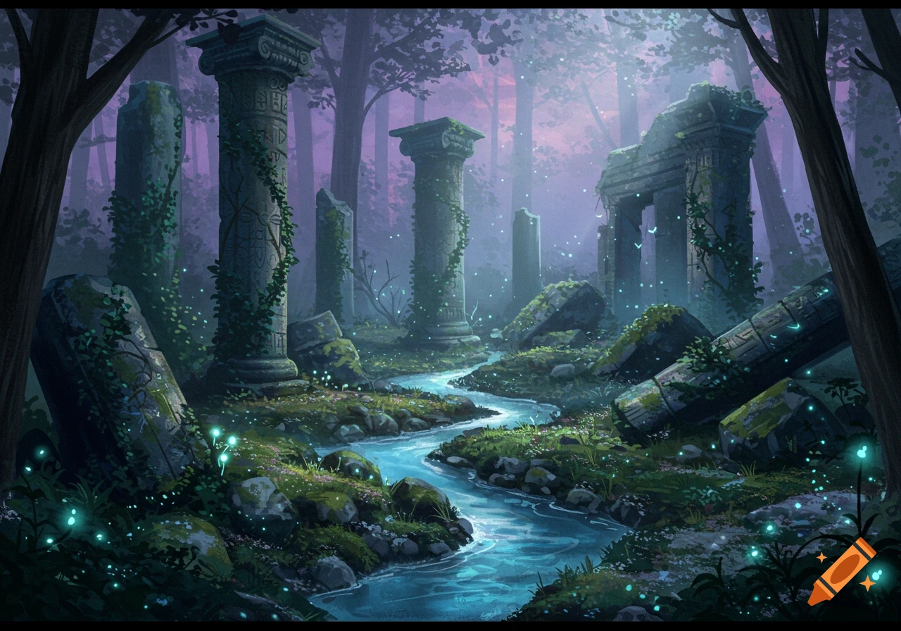 A mystical forest scene with ancient stone ruins covered in vines, a glowing stream, and bioluminescent flora under a purple sky.