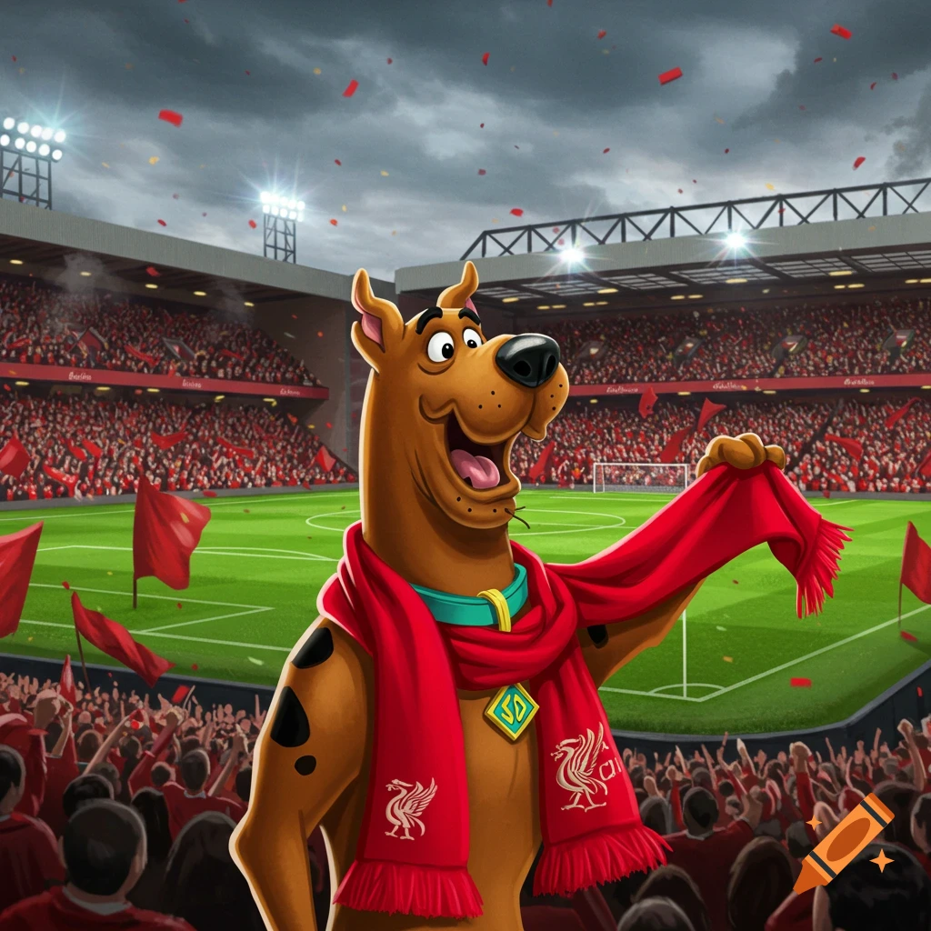 Scooby-Doo wearing a red Liverpool FC scarf, cheering in a crowded football stadium.