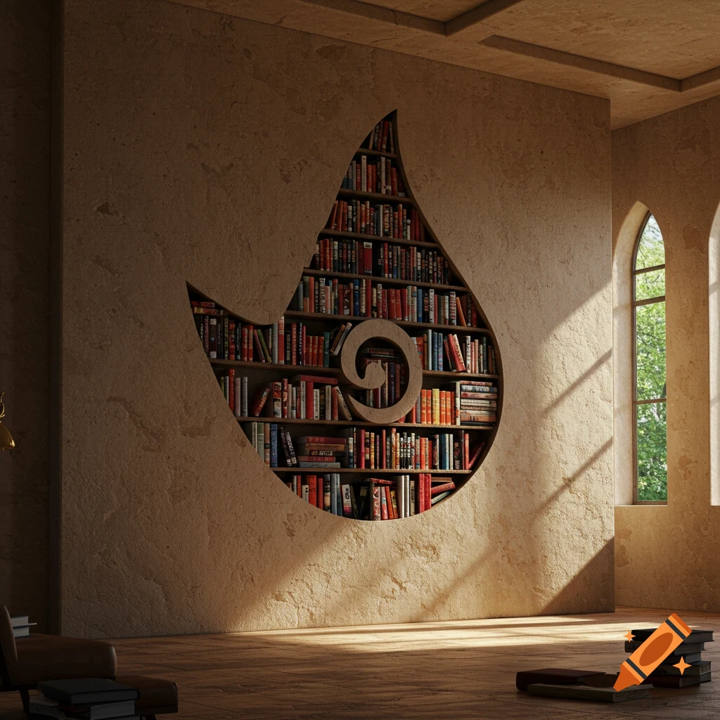 A rustic room with a large, flame-shaped Konoha logo bookshelf filled with books, illuminated by sunbeams from an arched window.