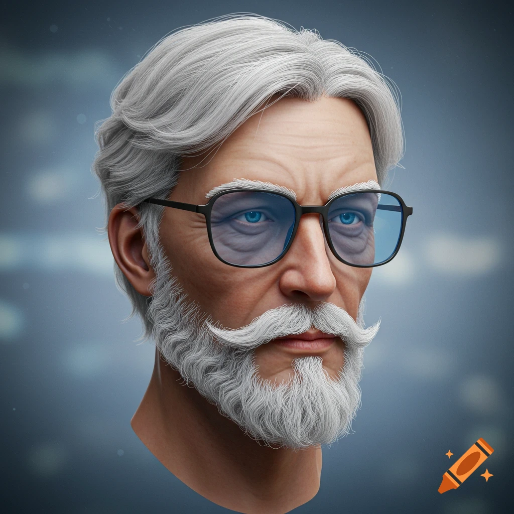 Bust of an older man with white hair, a white mustache and beard, and blue-tinted rectangular glasses.