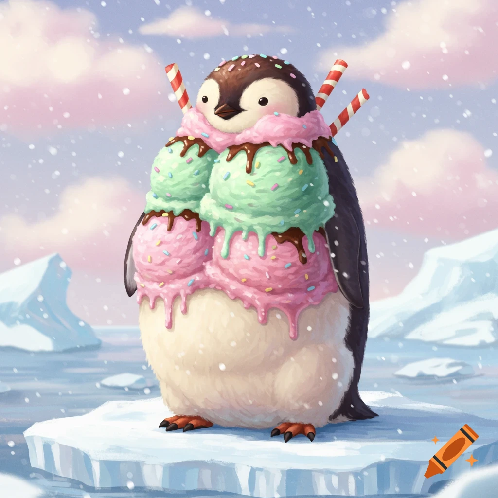 A cute, chonky cartoon penguin covered in melting pink and mint green ice cream with sprinkles, standing on an ice floe.