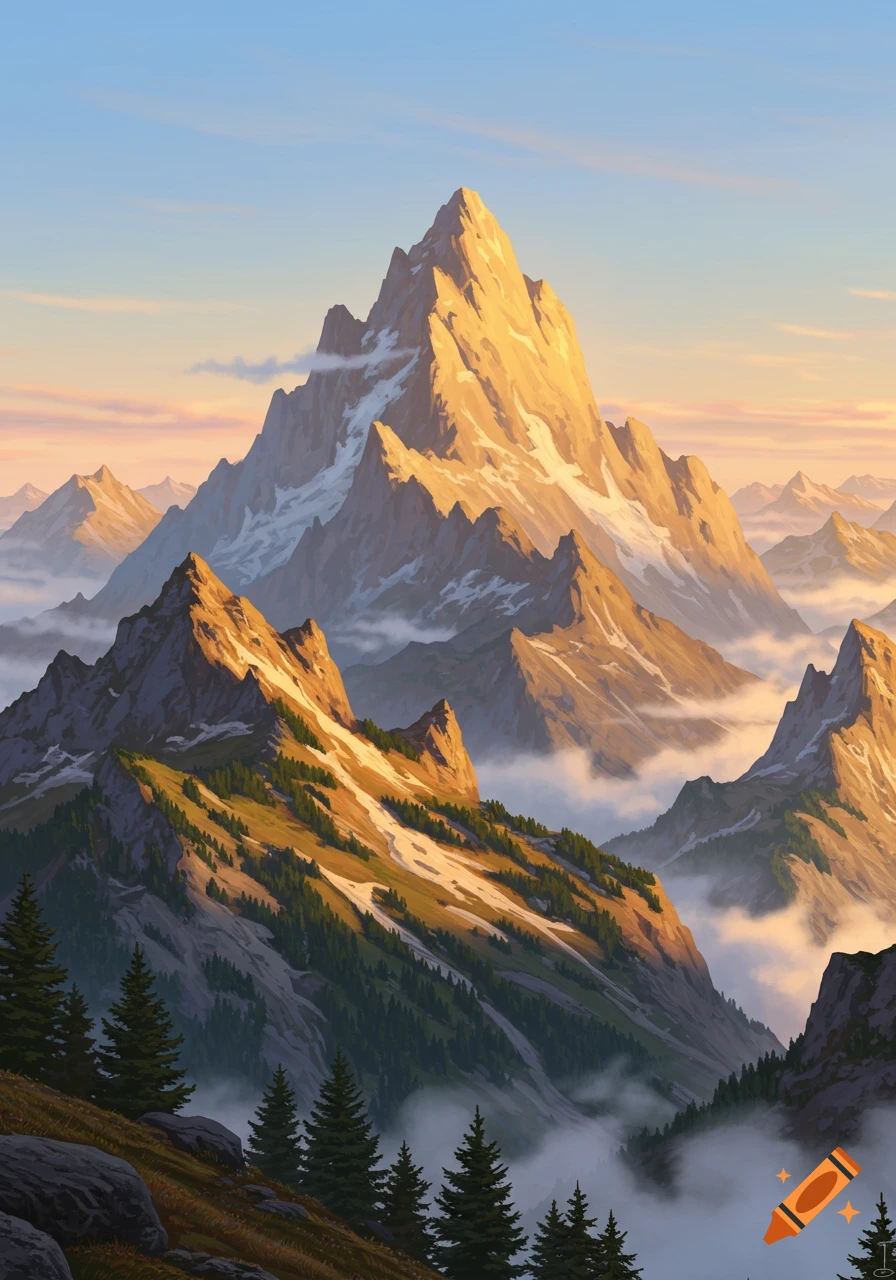 A majestic mountain landscape at sunset, with golden light on snow-capped peaks, green forests, and mist-filled valleys.