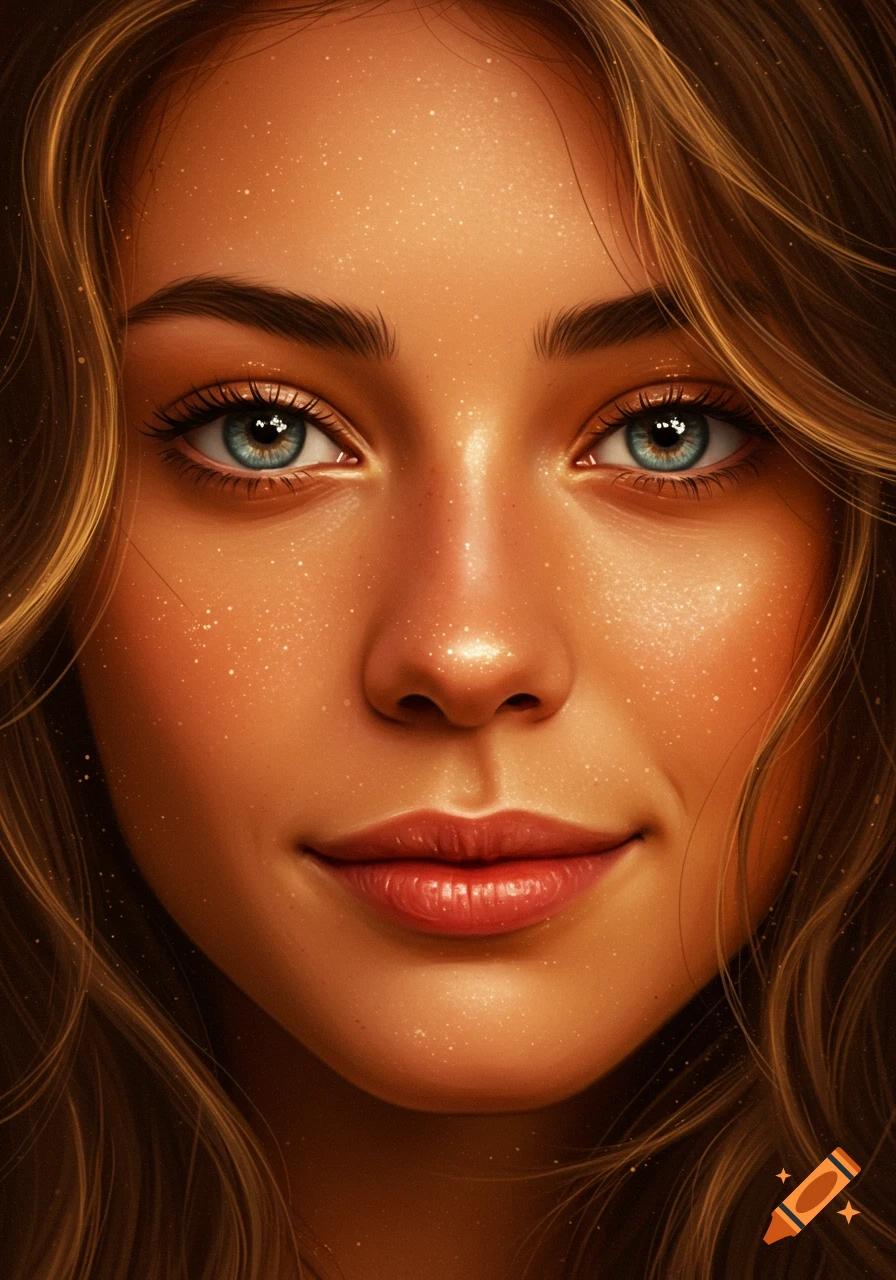 Close-up illustration of a young woman's face with sparkling skin, blue eyes, and wavy brown hair.