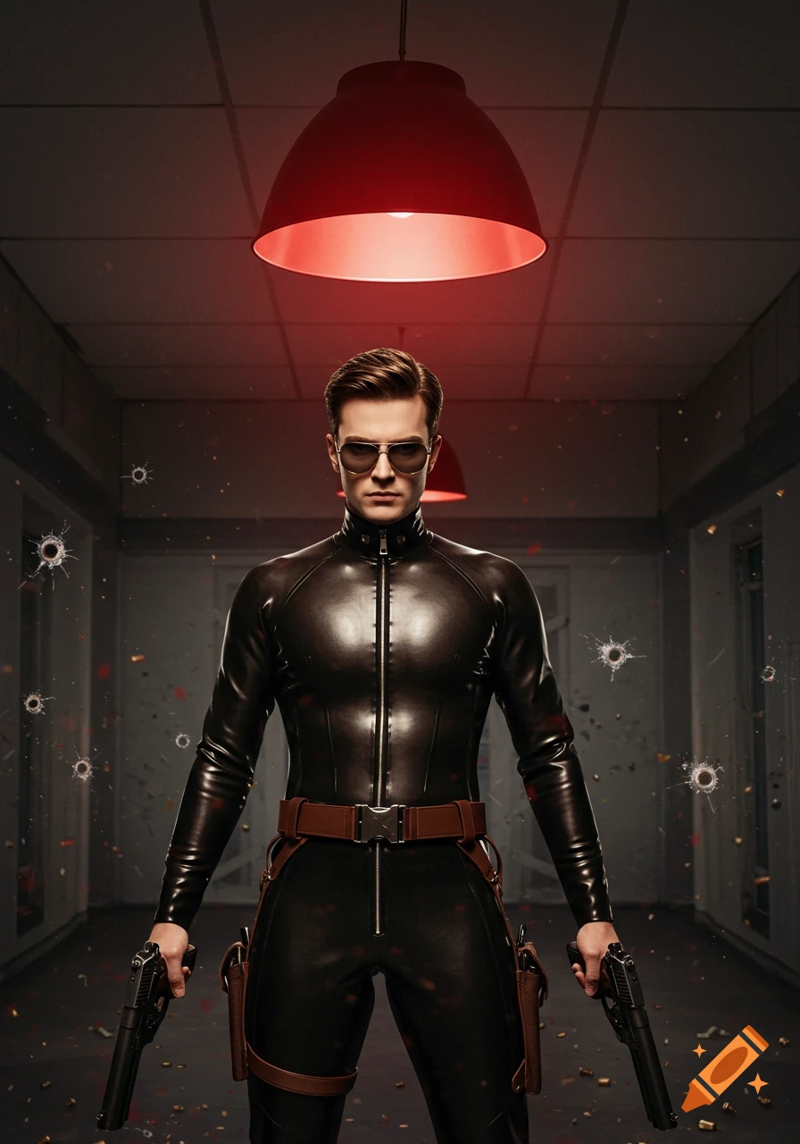 A man in a black leather suit and aviator sunglasses stands in a red-lit room with bullet holes, holding two handguns.