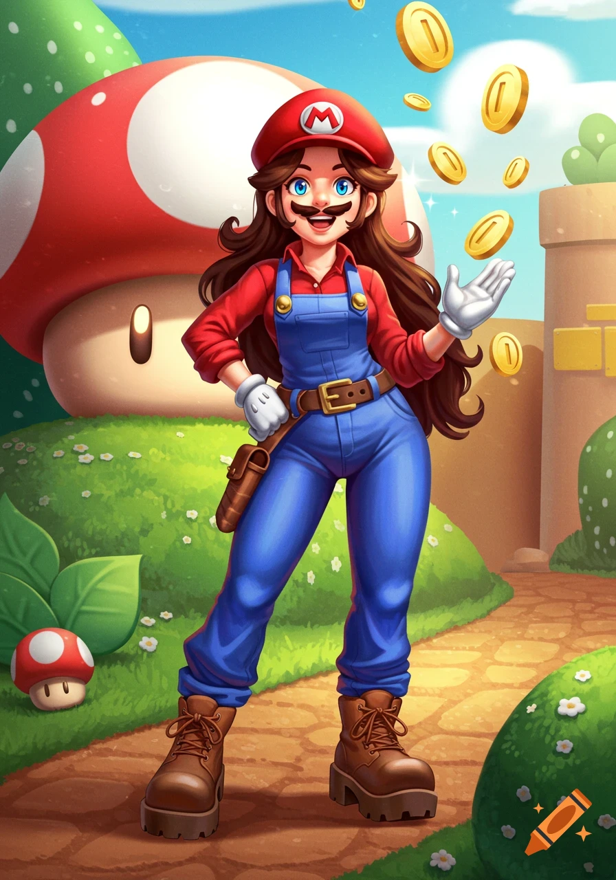 A female Mario character with a mustache, in red and blue overalls, stands in a cartoon landscape with floating gold coins and mushrooms.