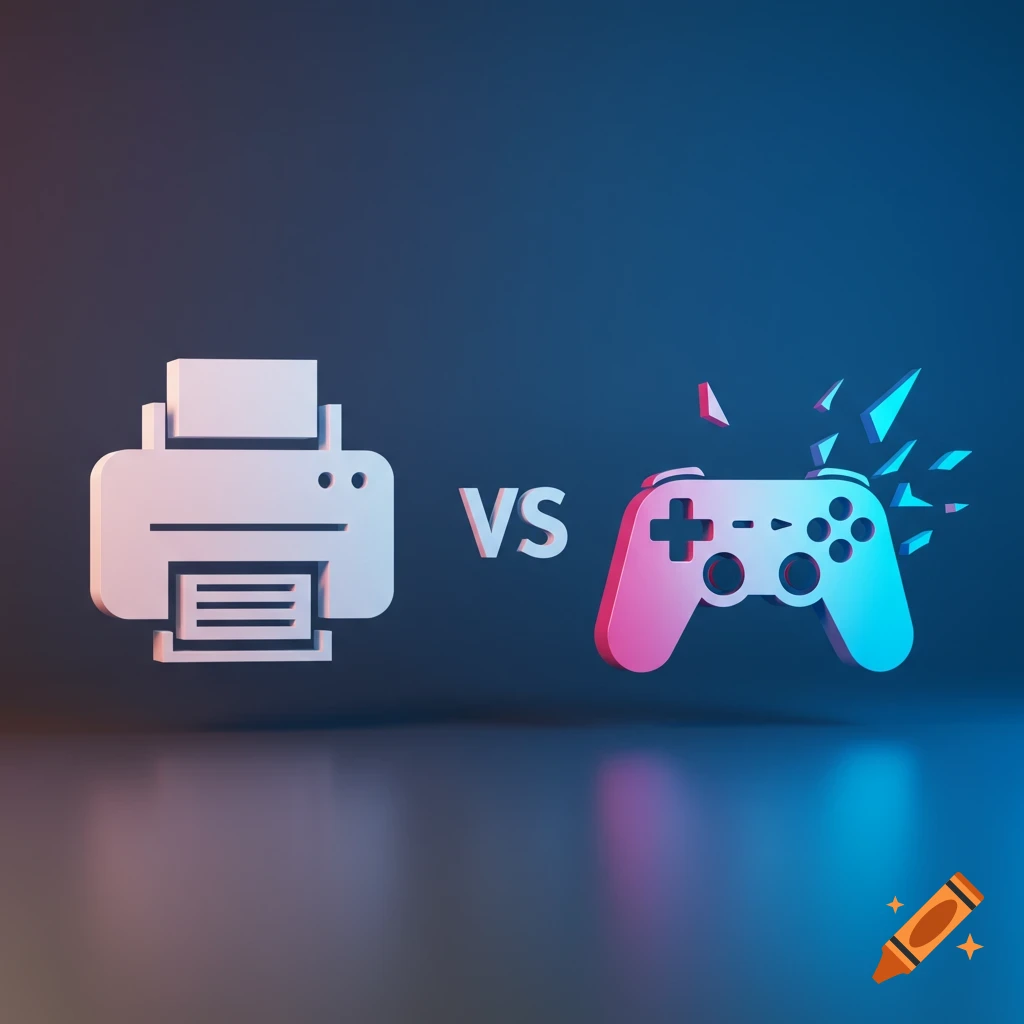 A white 3D printer icon and a pink and blue 3D game controller icon with "VS" in the middle, against a dark blue background.