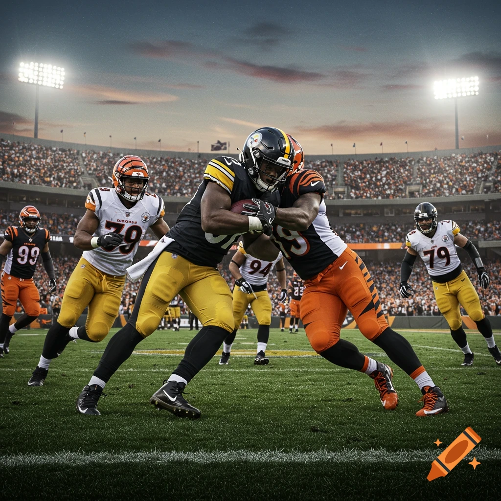 Photorealistic image of American football players in black and yellow and orange and white jerseys tackling each other on a stadium field.