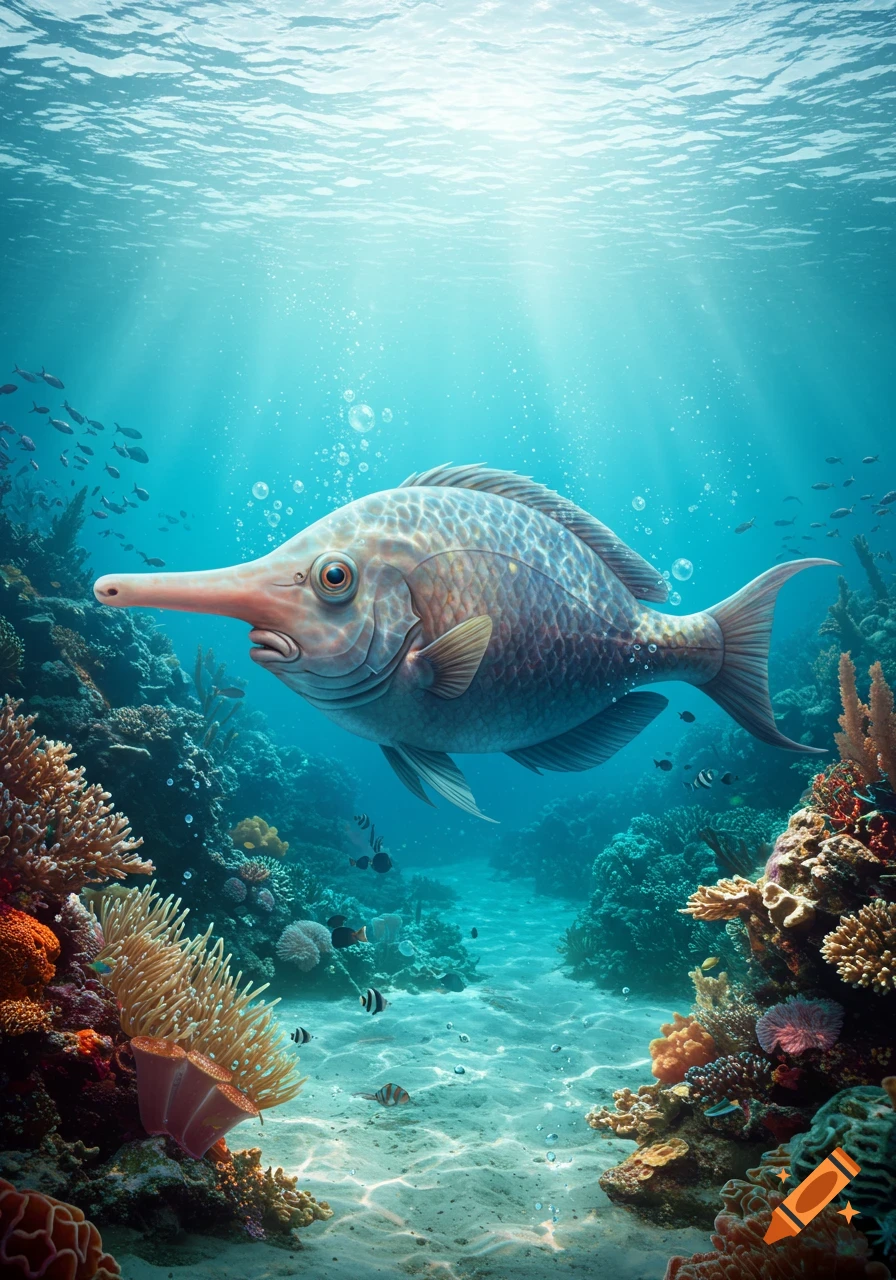 A fish with a long, human-like snout swims through a vibrant coral reef, with sunlight filtering into the blue ocean.