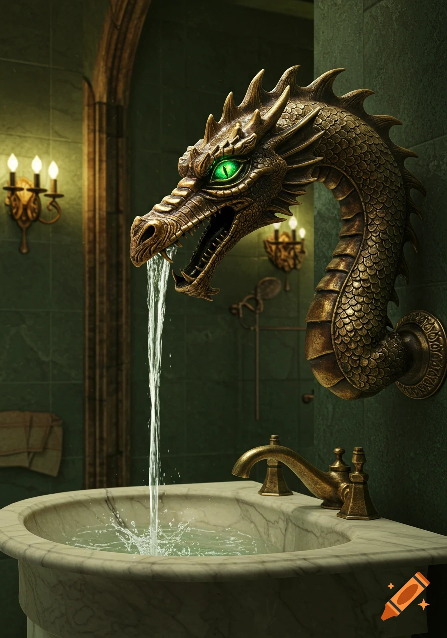A detailed, photorealistic bronze dragon faucet with glowing green eyes spouting water into a marble sink in a dark green bathroom.