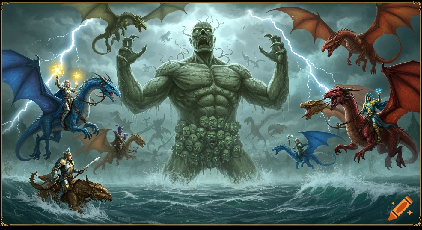 An epic digital painting of heroes on flying dragons battling a massive, screaming-faced giant rising from a stormy ocean with lightning.