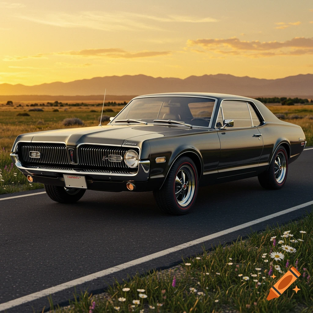 A dark classic Mercury Cougar parked on a roadside at sunset, with mountains in the background and wildflowers in the foreground.