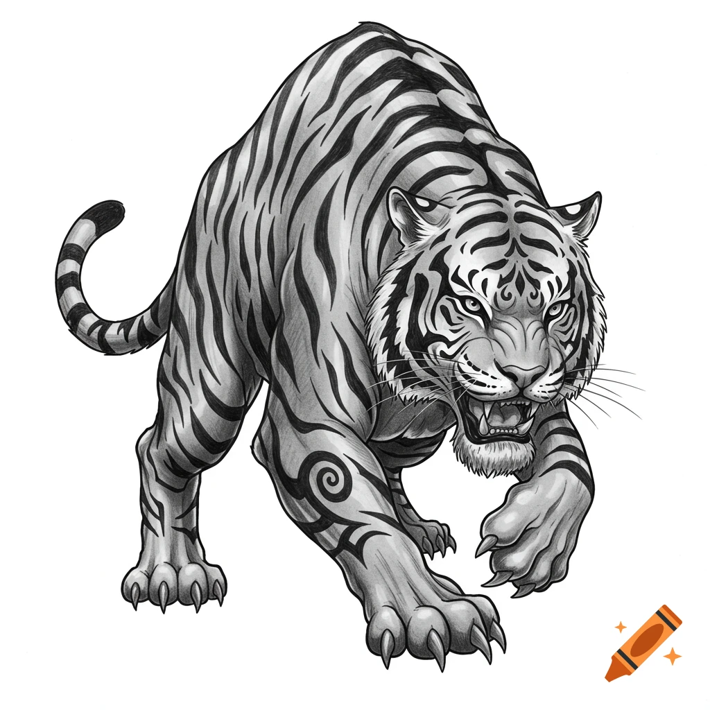 Black and white graphite sketch of a fierce tiger with tribal markings, in an attack pose against a white background.