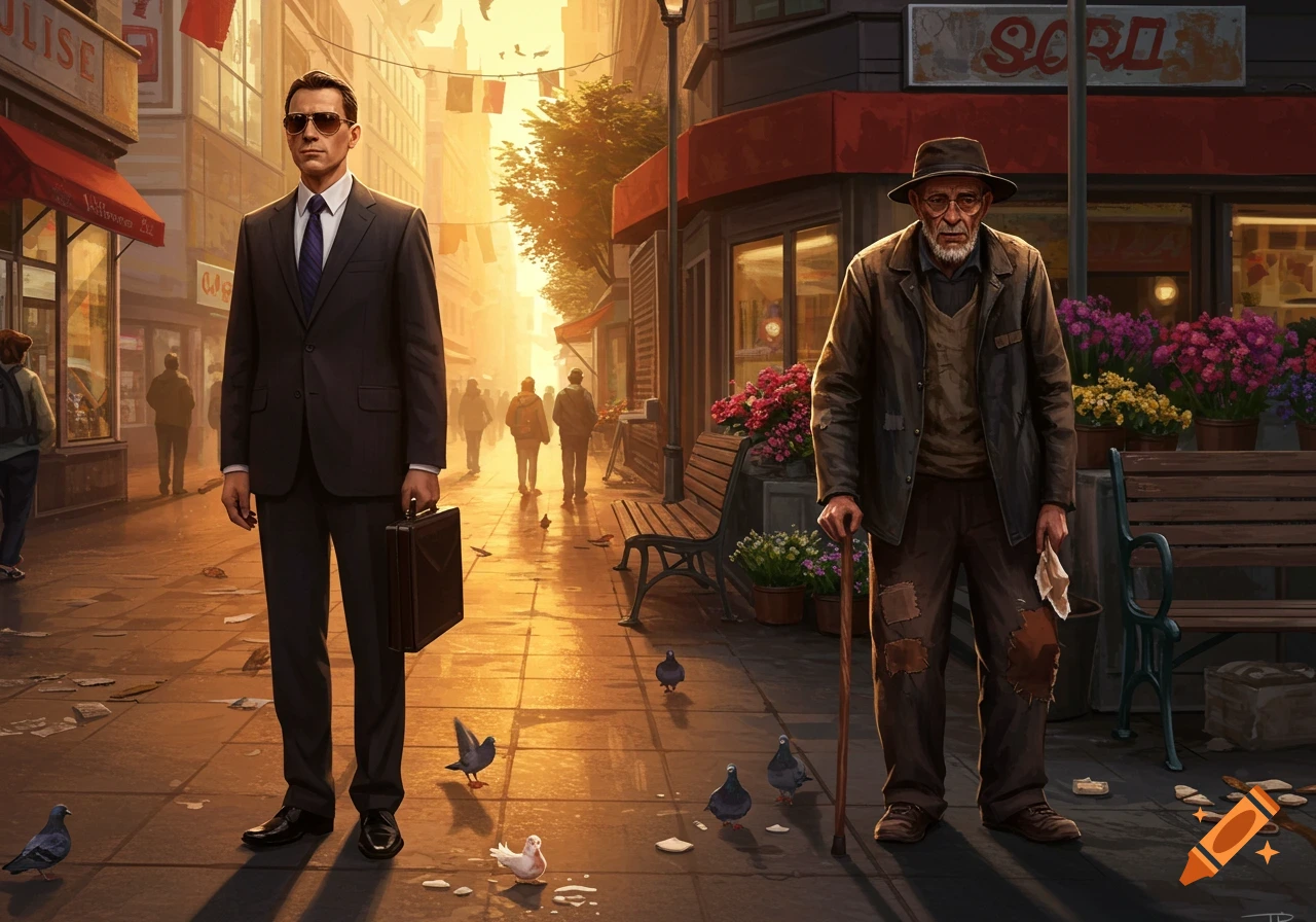 A well-dressed man with a briefcase and an old, poor man with a cane stand on a sunlit city street with pigeons and shops. Detailed digital art.
