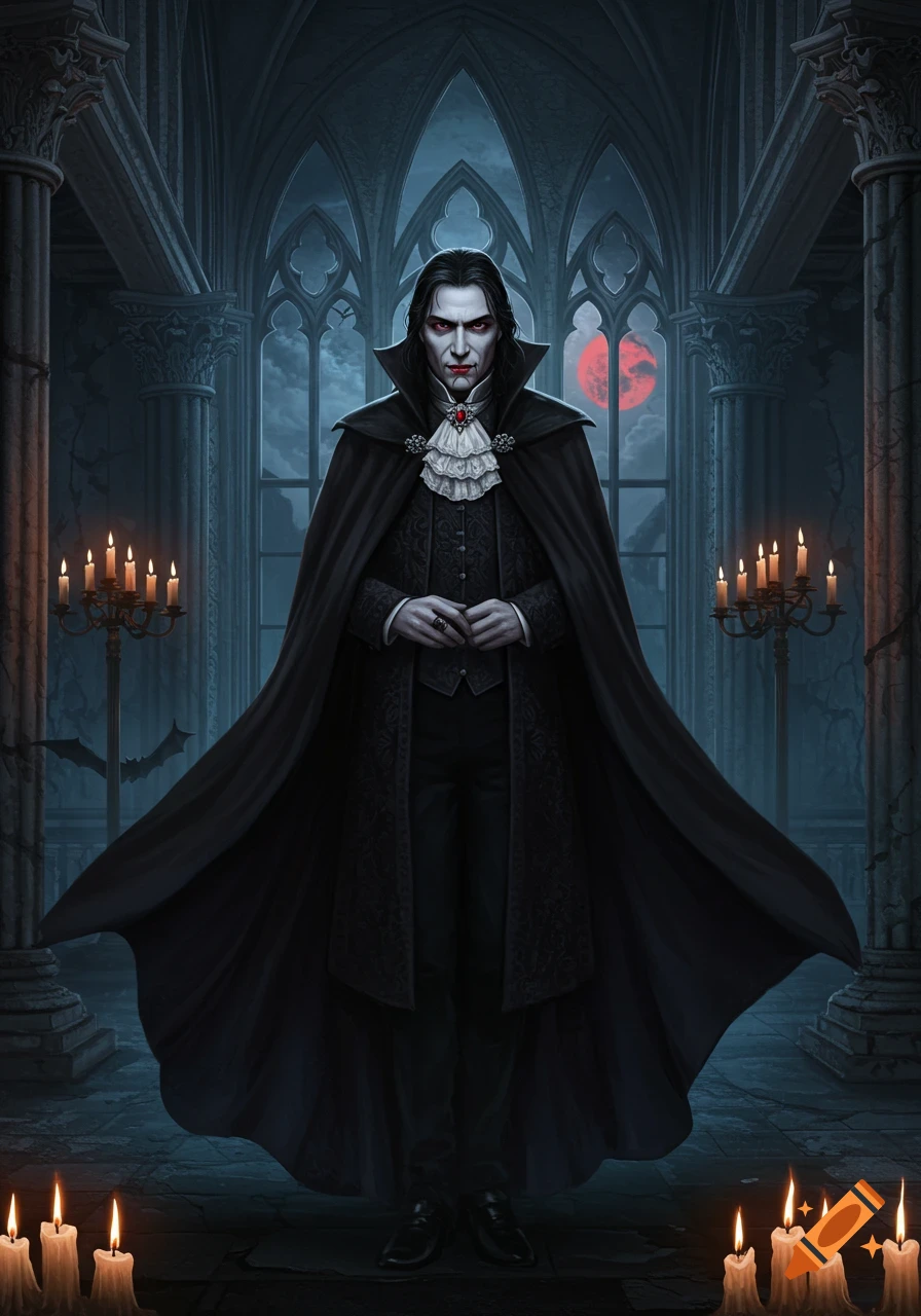 A pale vampire in a black cape and ruffled shirt stands in a gothic cathedral with arched windows, candelabras, and a red moon visible outside.