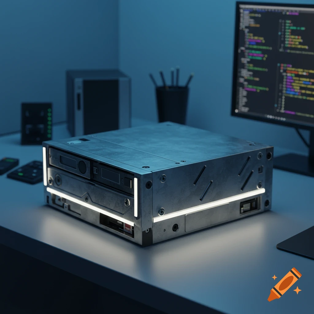 A futuristic, metallic computing device with glowing white lights on a desk, a monitor displaying code in the background.