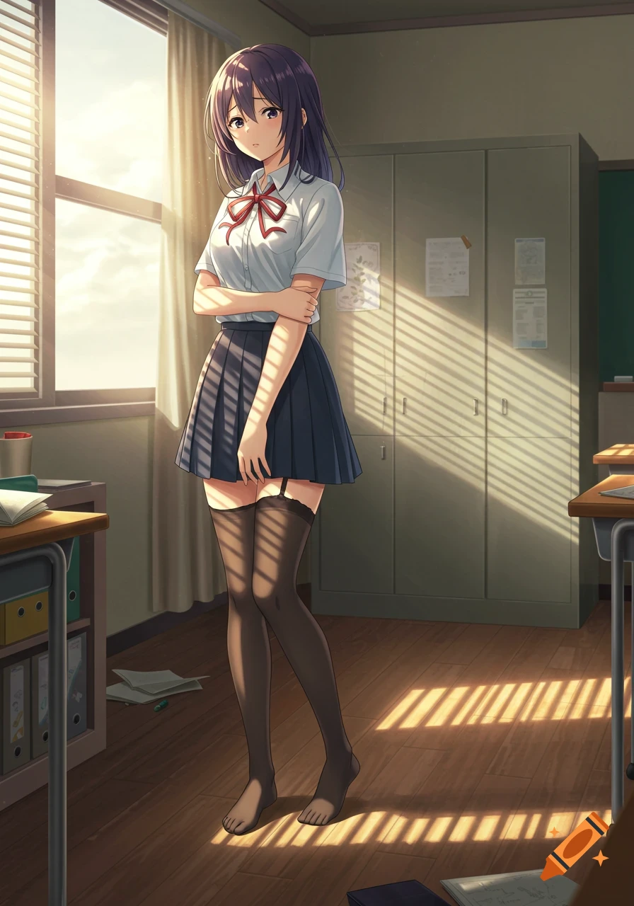 An anime schoolgirl in a white shirt, blue skirt, and black thigh-high stockings stands barefoot in a sunlit classroom.