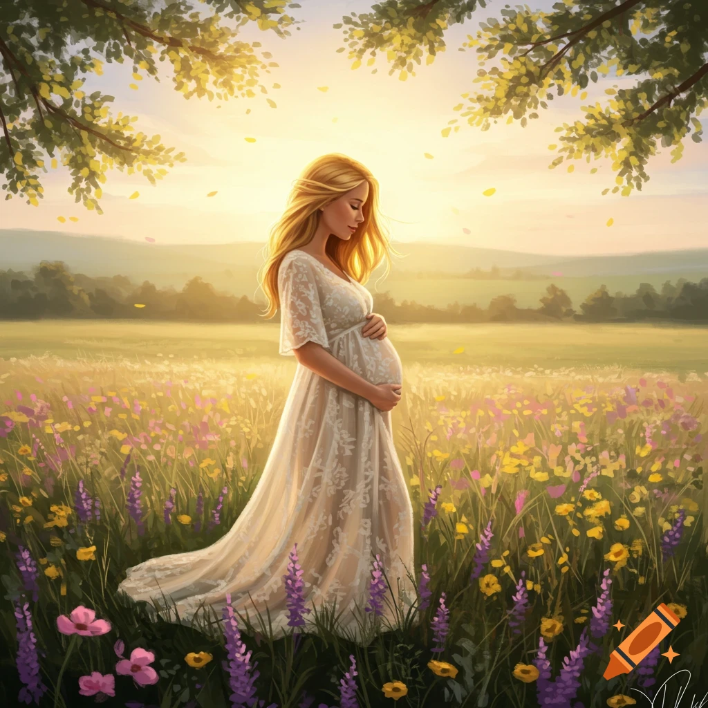 A dreamy painting of a pregnant woman in a white lace dress cradling her belly in a sunlit field of wildflowers.
