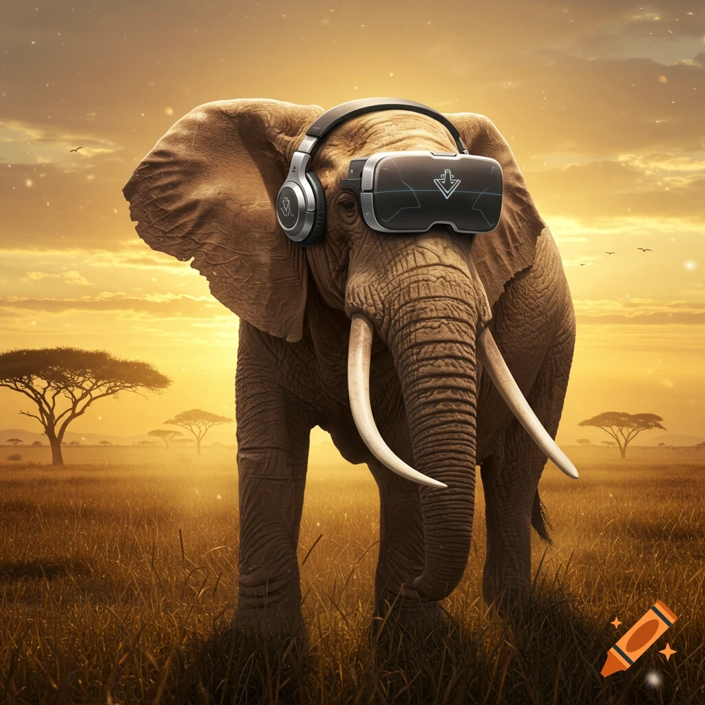 A photorealistic elephant wears headphones and a VR headset while standing in a grassy savanna at sunset.