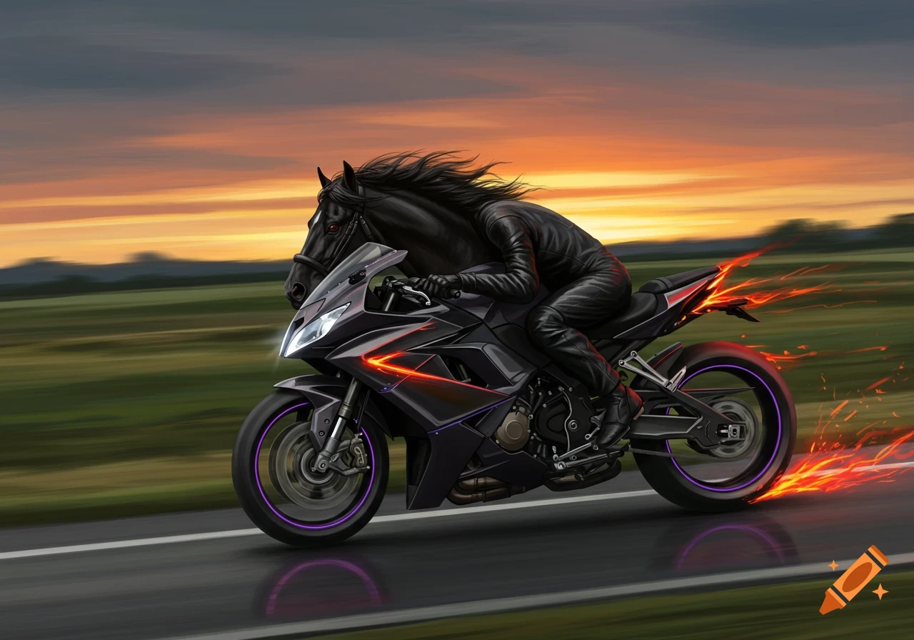 A fantasy creature with a black horse head and human body in a leather suit rides a fiery black sport motorcycle at sunset.