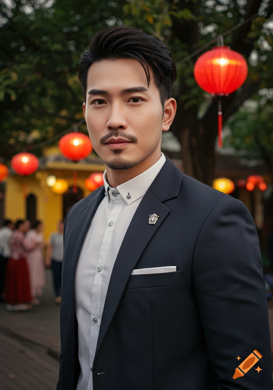 A handsome Vietnamese man in a dark suit and white shirt stands outdoors among red lanterns in a street scene.
