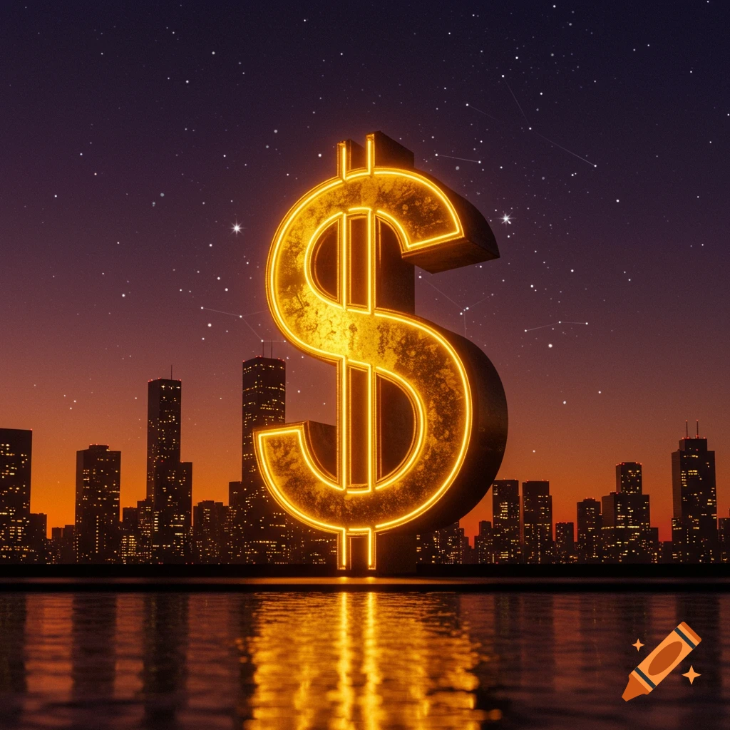 A giant, glowing golden dollar sign stands before a city skyline at sunset, reflected in water.